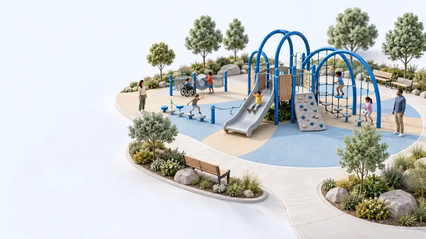 Illustrated playground with children participating in different activities, including accessible ground-level play